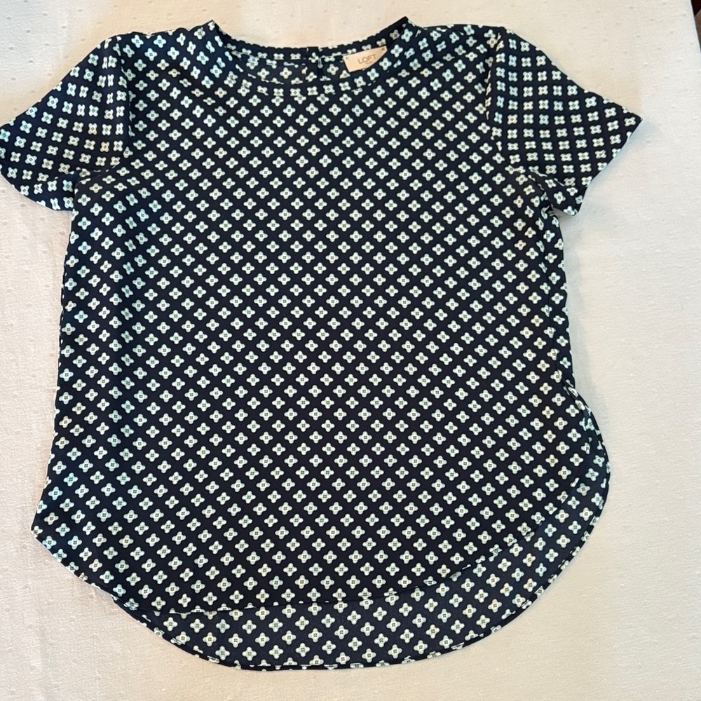 LOFT Navy and White Geometric Blouse